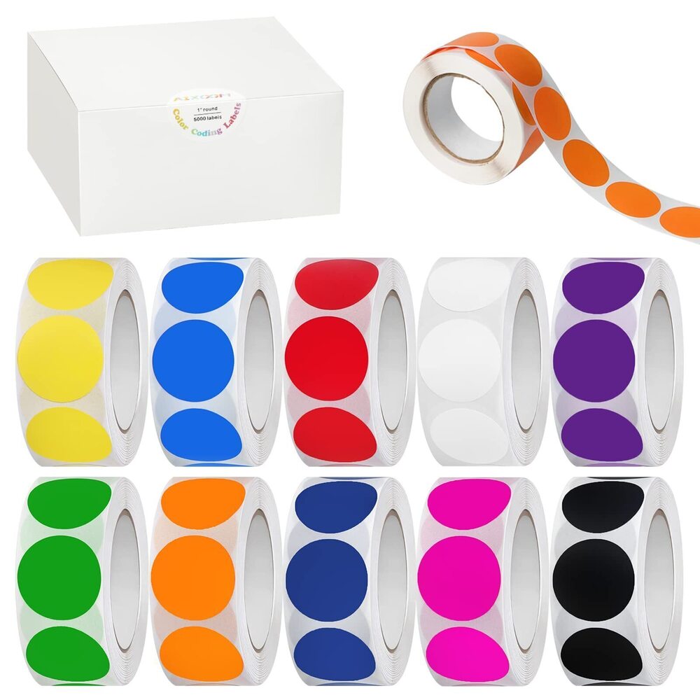 8808 5000 PCS 1" Round Color Coding Labels Circle Dot Stickers, 10 Assorted